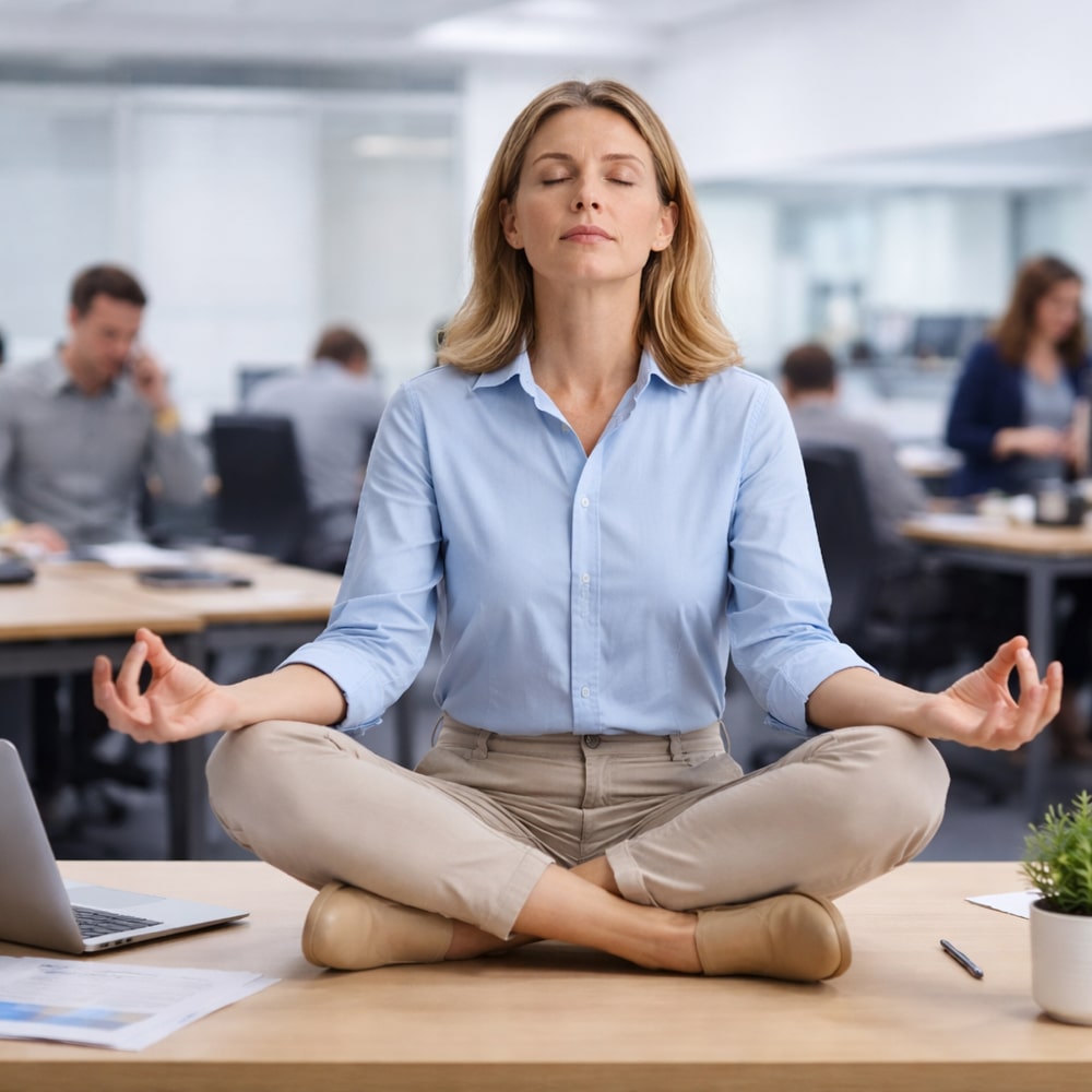 Bureau & espaces de travail 21 Une femme médite sur son bureau, dans un open space très animé, pour illustrer le stress lié au bruit sur le lieu de travail