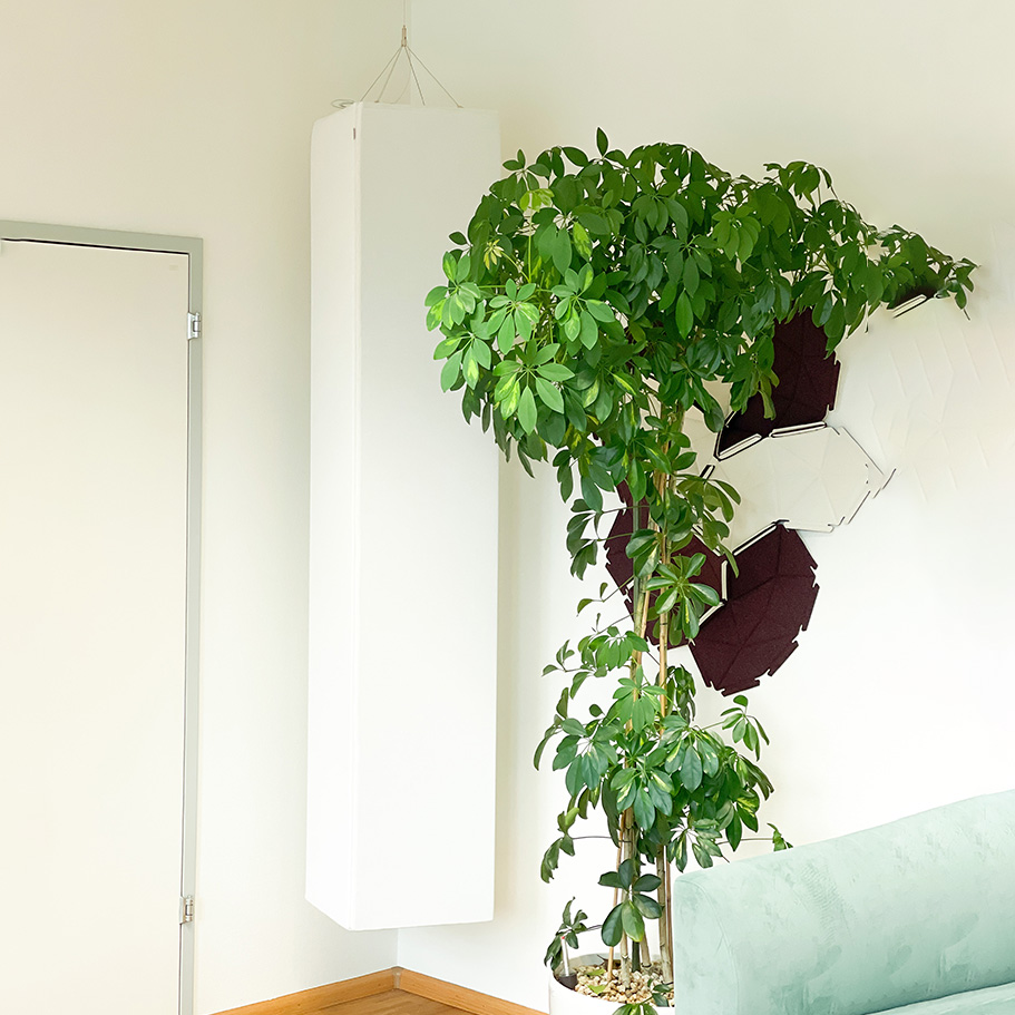 Bureau & espaces de travail 20 Totem acoustique cylindrique blanc suspendu, situé dans un coin d'une salle d'attente lumineuse, avec une grande plante d'intérieur et un canapé turquoise