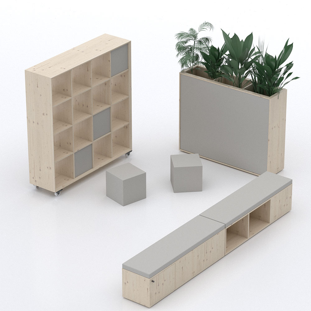 acouShelf Regal 10 3D-Visualisierung eines mobilen Holzregals mit grauen Akustikflächen, Sitzbank und Pflanzentrog