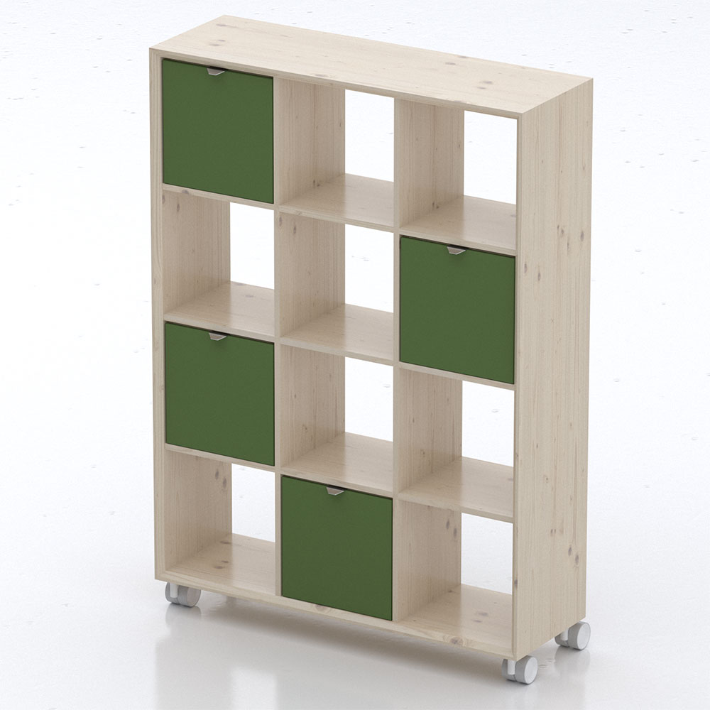 acouShelf Regal 11 3D-Visualisierung eines mobilen Holzregals auf Rollen mit grünen Akustikflächen in einzelnen Fächern als akustischer Raumteiler