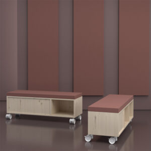 Système de bureau isométrique acouOffice : gamme de produits comprenant des cabines individuelles, des cloisons de séparation, des postes de travail et des étagères pour plantes en bois naturel. L'élément d'angle acouCorner sert d'élément de raccordement. 