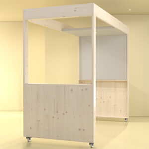 Isometrisches Bürosystem acouOffice Produktfamilie mit Einzelbox, Raumtrenner, Arbeitsplätzen und Pflanzengestell in Naturholz. Das acouSpace Akustik-Sitzungszimmer mobil dient als flexible und mobile Meetingbox