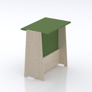 Isometrisches Bürosystem acouOffice Produktfamilie mit Einzelbox, Raumtrenner, Arbeitsplätzen und Pflanzengestell in Naturholz. Das Eckelement acouCorner dient als Verbindeelement.