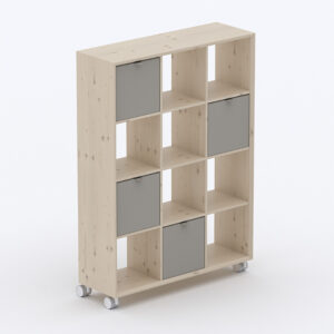 Isometrisches Bürosystem acouOffice Produktfamilie mit Einzelbox, Raumtrenner, Arbeitsplätzen und Pflanzengestell in Naturholz. Das Eckelement acouCorner dient als Verbindeelement.