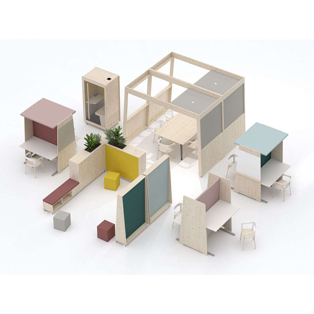 acouPod Einzelbox 14 Isometrisches Bürosystem acouOffice Produktfamilie mit Einzelbox, Raumtrenner, Arbeitsplätzen und Pflanzengestell in Naturholz. Das Eckelement acouCorner dient als Verbindeelement.