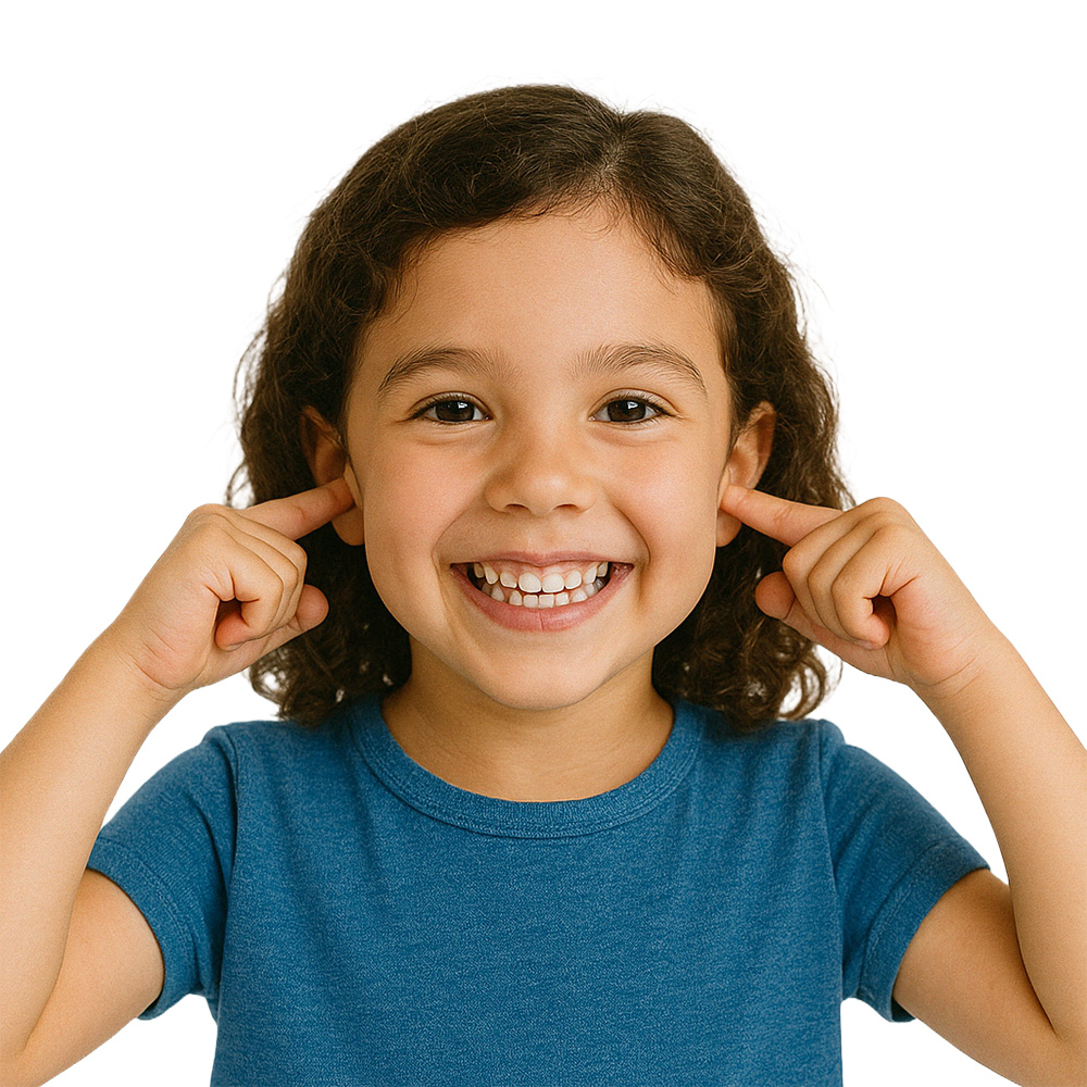 Acoustique et bruit 1 Une fillette souriante se bouche les oreilles d'un air enjoué, symbolisant ainsi la réduction du bruit