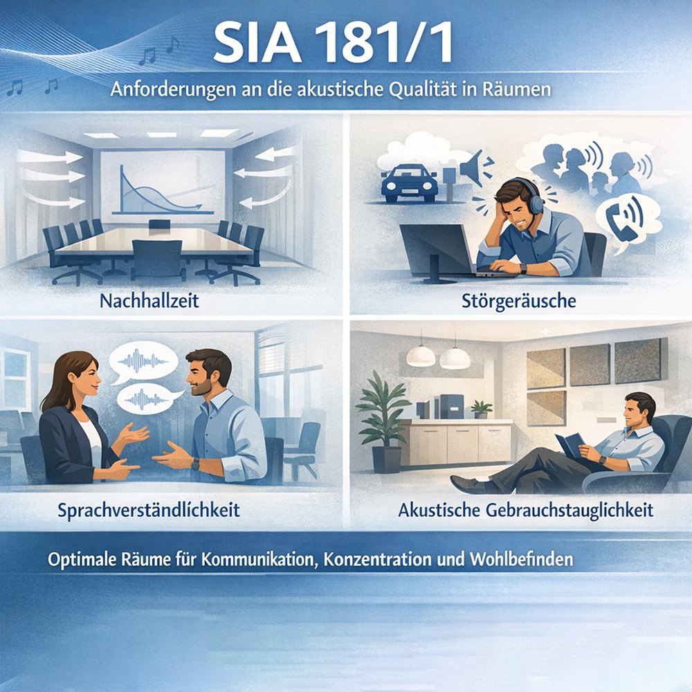 Infografik SIA 181/1 mit vier Bereichen: Nachhallzeit, Störgeräusche, Sprachverständlichkeit und akustische Gebrauchstauglichkeit