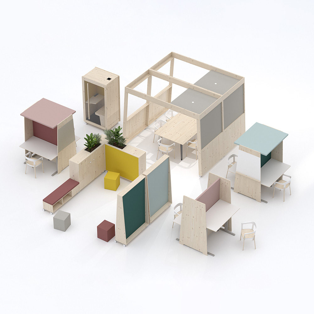 Isometrisches Bürosystem acouOffice Produktfamilie mit Einzelbox, Raumtrenner, Arbeitsplätzen und Pflanzengestell in Naturholz. Das Eckelement acouCorner dient als Verbindeelement.