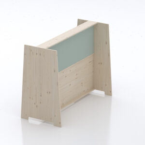 Système de bureau isométrique acouOffice : gamme de produits comprenant des cabines individuelles, des cloisons de séparation, des postes de travail et des étagères pour plantes en bois naturel. L'élément d'angle acouCorner sert d'élément de raccordement. 