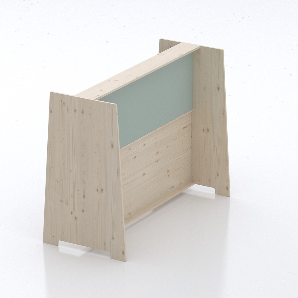 Poste de travail acouDesk140 1 Système de bureau isométrique acouOffice : gamme de produits comprenant des cabines individuelles, des cloisons de séparation, des postes de travail et des étagères pour plantes en bois naturel. L'élément d'angle acouCorner sert d'élément de raccordement.