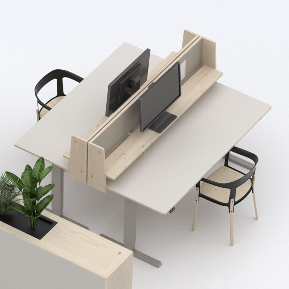 Poste de travail acouDesk140 12 Poste de travail double avec table réglable en hauteur et cloison acoustique en bois au bureau