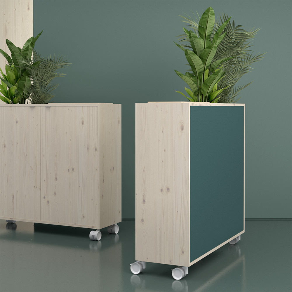 Bac à plantes acouPlanter 1 Isometrisches Bürosystem acouOffice Produktfamilie mit Einzelbox, Raumtrenner, Arbeitsplätzen und Pflanzengestell in Naturholz. Das Eckelement acouCorner dient als Verbindeelement.
