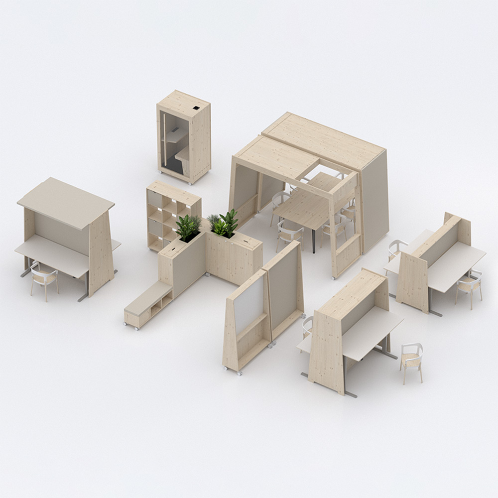 Bac à plantes acouPlanter 8 Isometrisches Bürosystem acouOffice Produktfamilie mit Einzelbox, Raumtrenner, Arbeitsplätzen und Pflanzengestell in Naturholz. Das Eckelement acouCorner dient als Verbindeelement.