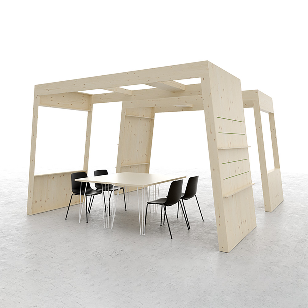 Sala riunioni acouSpace 10 Sistema per ufficio isometrico acouOffice: gamma di prodotti che comprende cabine individuali, pareti divisorie, postazioni di lavoro e mensole per piante in legno naturale. L'elemento angolare acouCorner funge da elemento di collegamento.