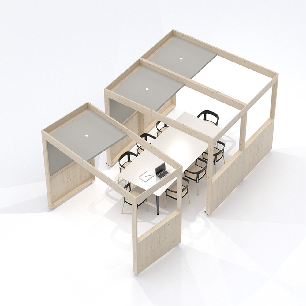 Sala riunioni acouSpace 12 Sistema per ufficio isometrico acouOffice: gamma di prodotti che comprende cabine individuali, pareti divisorie, postazioni di lavoro e mensole per piante in legno naturale. L'elemento angolare acouCorner funge da elemento di collegamento.