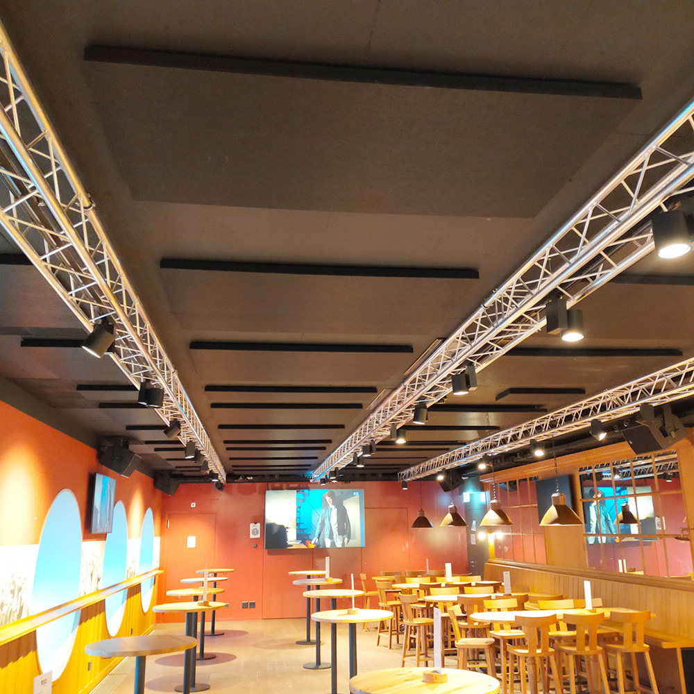 Piastra di supporto acouFiber in PET 10 Ottimizzazione acustica di un ristorante nel cantone di Zurigo grazie agli assorbitori da soffitto acouFiber, per ridurre il riverbero e migliorare l'intelligibilità del parlato nella sala da pranzo.