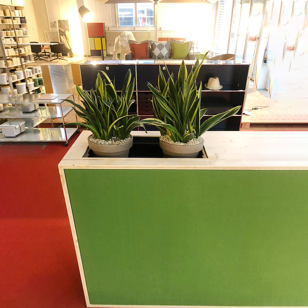 Bac à plantes acouPlanter 6 Système de mobilier acoustique acouOffice en bois naturel avec box individuelle, séparateurs d’espace, postes de travail et jardinière acouPlanter. L’élément d’angle acouCorner relie les différents modules.