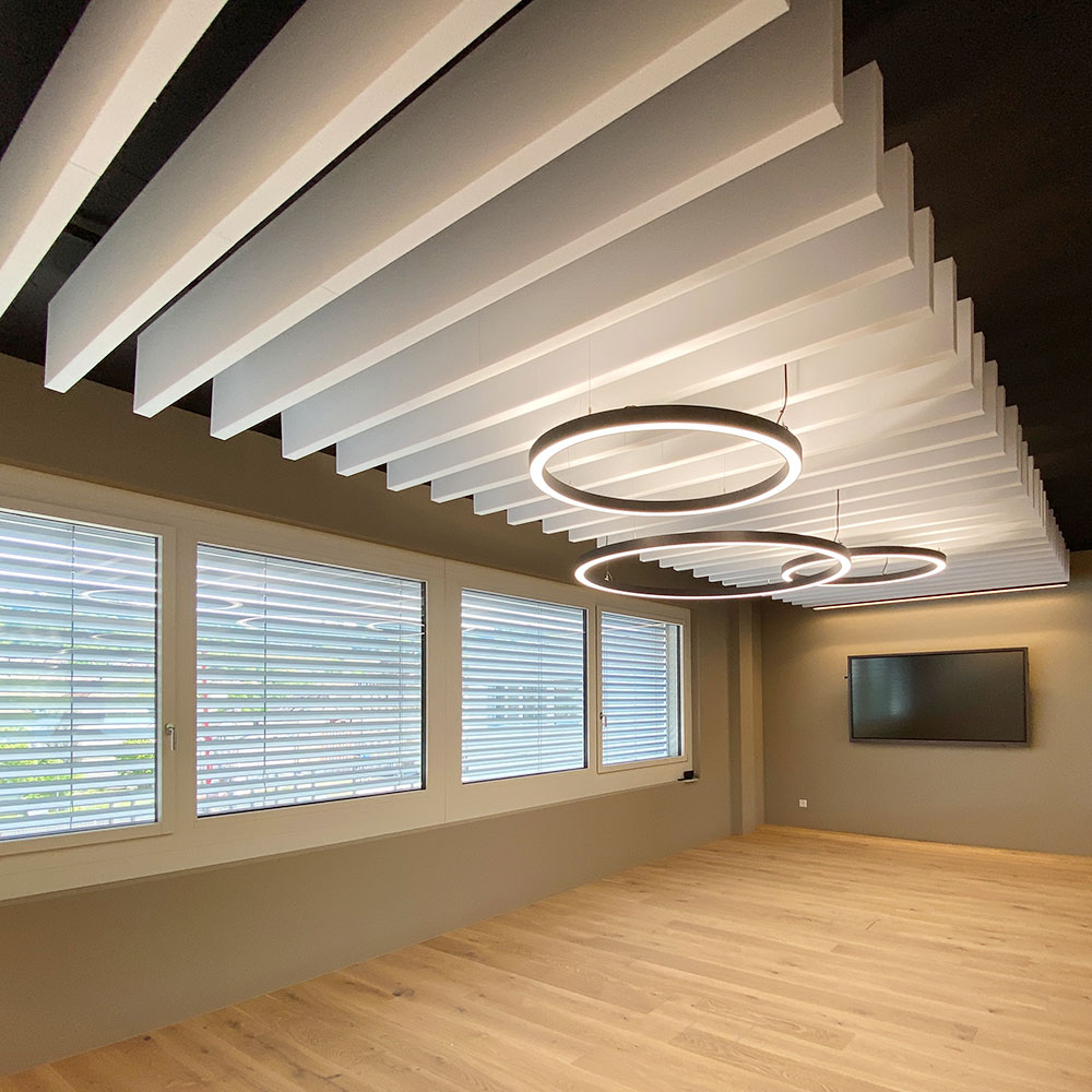 Deflettori acustici acouFoam 9 Deflettori acustici bianchi installati sul soffitto della sala riunioni del cantone di Zurigo per ridurre il riverbero nella sala riunioni