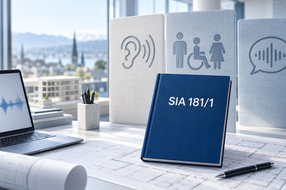 Hindernisfrei heisst auch hörbar: Inklusion in der Raumakustik nach SIA 181/1 1 SIA 181/1 mit Symbolen für Hören, Inklusion und Sprachverständlichkeit